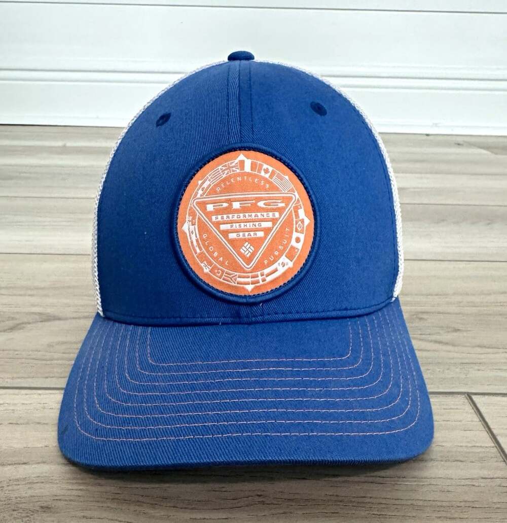 Columbia PFG Mesh Ball Cap Hat Flexfit L/XL Blue White Orange Patch Fishing